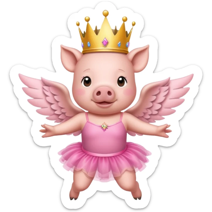Pig with wings and a princess crown wearing a pink tutu flying in the air sticker