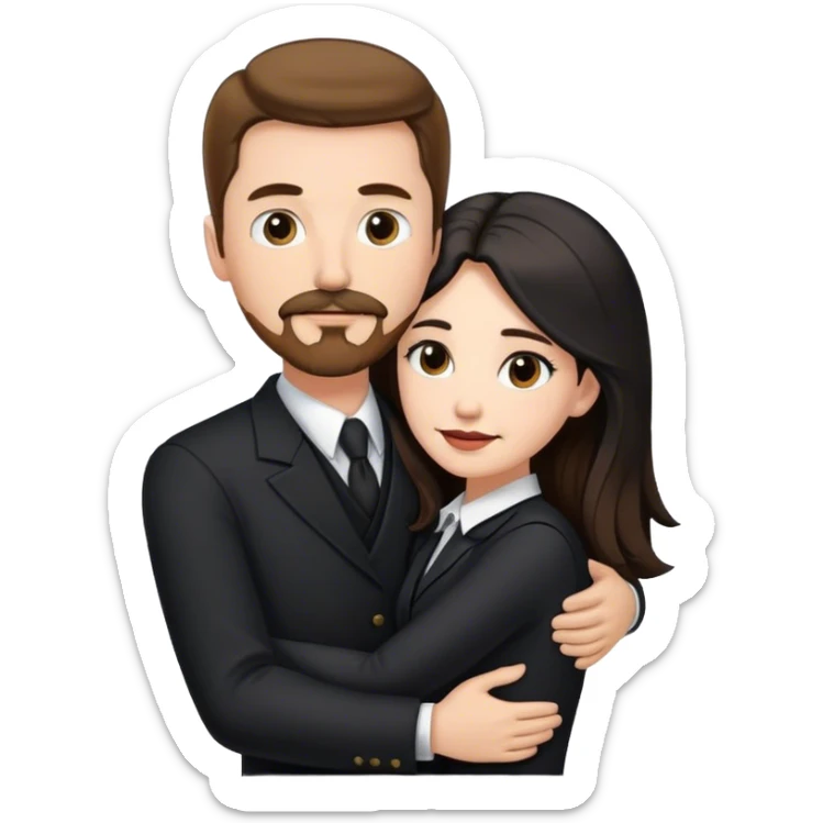 tall white man with brown hair goatee mustache hugging a pale woman with long black hair, wearing formal clothing sticker