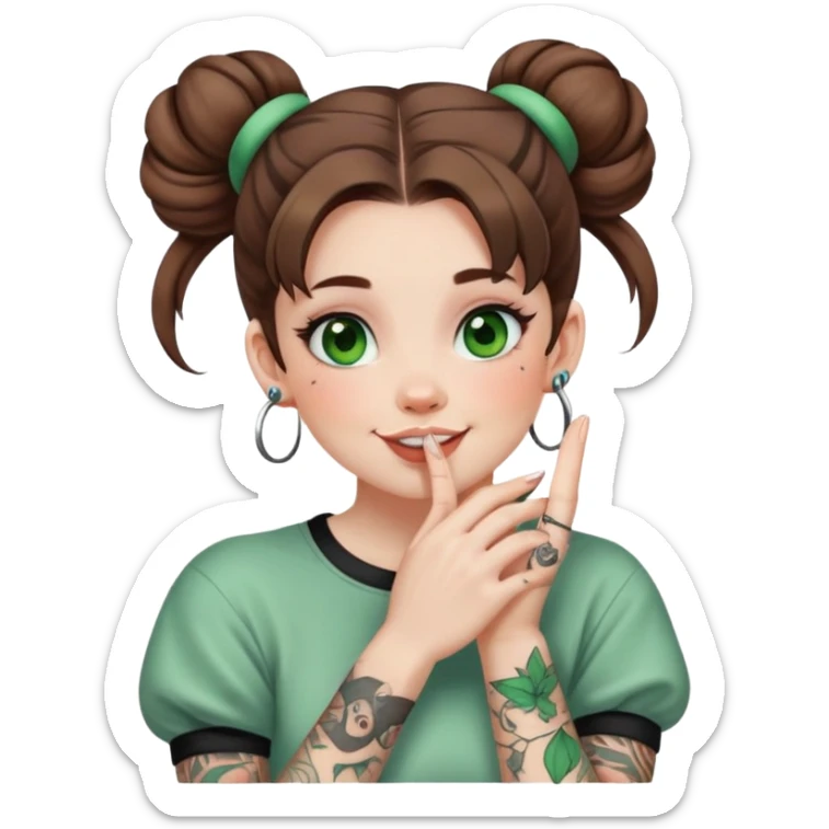 A woman with tattoos, brown hair half up in an updo in space buns, pale skin, green eyes, giggling with her hand over her mouth sticker