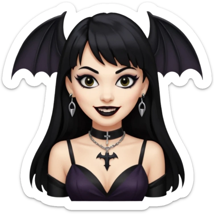 vampira com cabelo preto longo e liso e franja, olhos pretos, brincos em formato de cruz, choker em formato de morcego, roupa preta com decote, batom preto e sorrindo mostrando as presas sticker