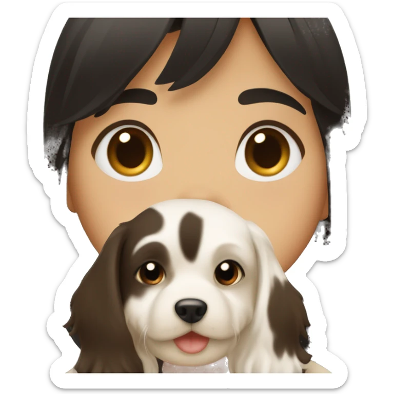 A girl with black hair with bangs, having a dog épagneul breton brown and whiter in her arms sticker