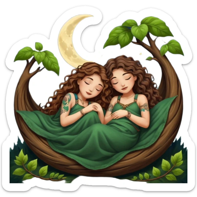 two forest alchemist women — one with long wavy brown hair and tattoos, one with short tight curly brown hair — sleeping back to back under leaf blanket crescent moon above sticker