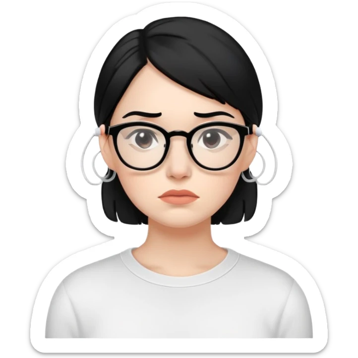 "- Nữ
- 30 tuổi
- Da trắng
- Tóc đen
- Đeo kính, đeo airpod
- Mặt buồn
" sticker