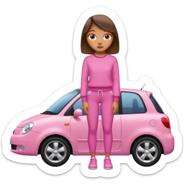 Create me a emoji girl with brown eyes in a pink outfit leaning on a car full body sticker