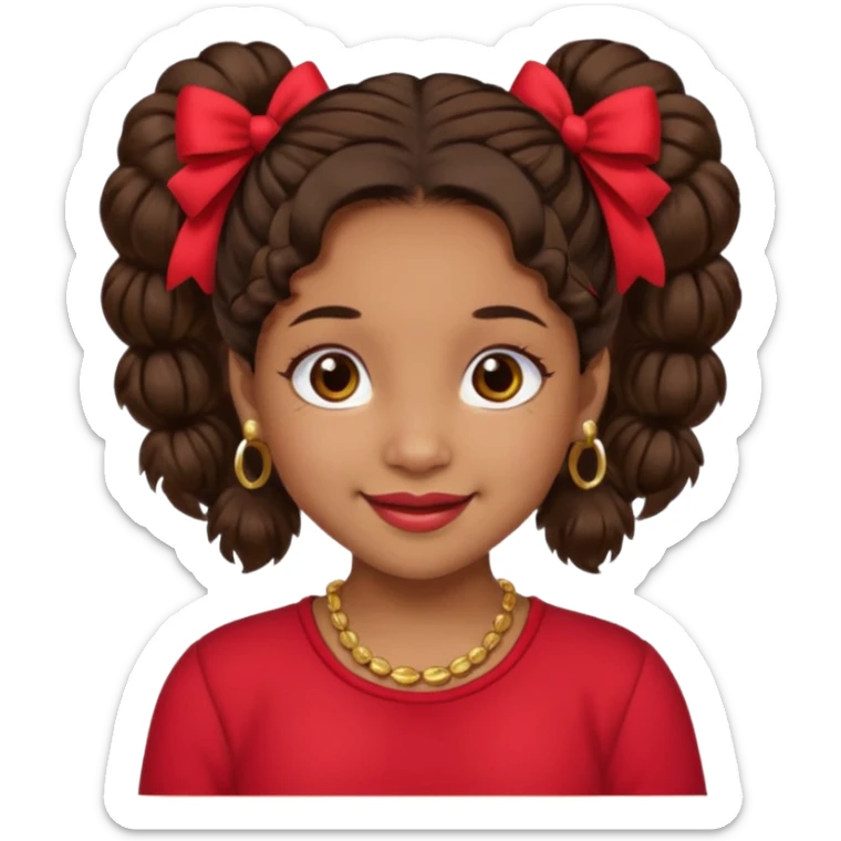 Brownskin girl dark brown hair fluffy. pigtails with red bows brown eyes smiling closed mouth red shirt gold esrrings gold necklace sticker