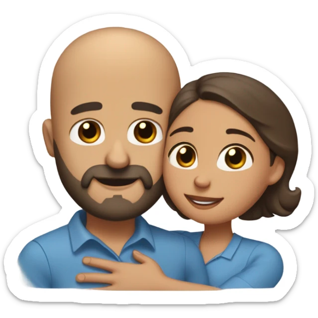 Brown-haired Puerto Rican woman with dark brown eyes wearing a cute blue blouse giving comforting hug to short, bald man with brown eyes, laugh lines, and a beard sticker
