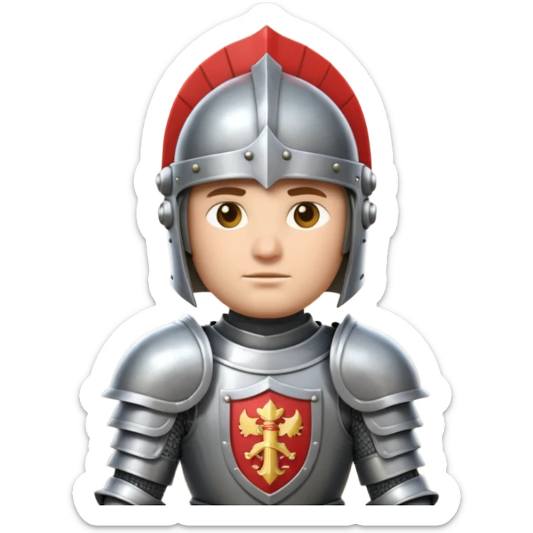 An emoji portrait of a medieval knight. He wears a suit of armor with a stylized helmet. His expression is serious and determined, and he holds a shield with a family crest. sticker