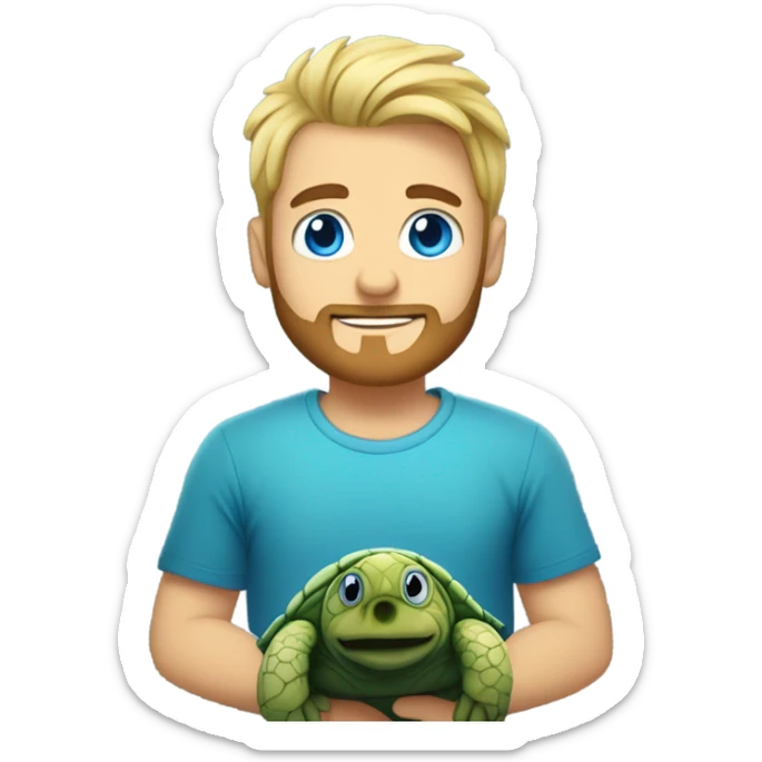 Blonde man with beard and spiked up hair, blue eyes, t-shirt, holding a sea turtle  sticker