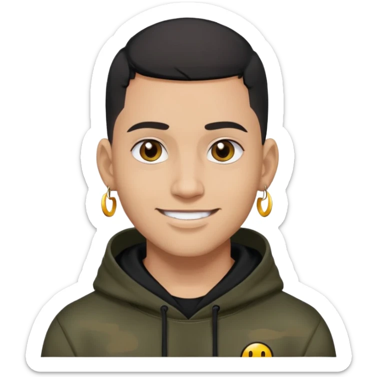 man with black military haircut, brown eyes, wearing 2 circle earrings and a black hoodie with a smiley face sticker