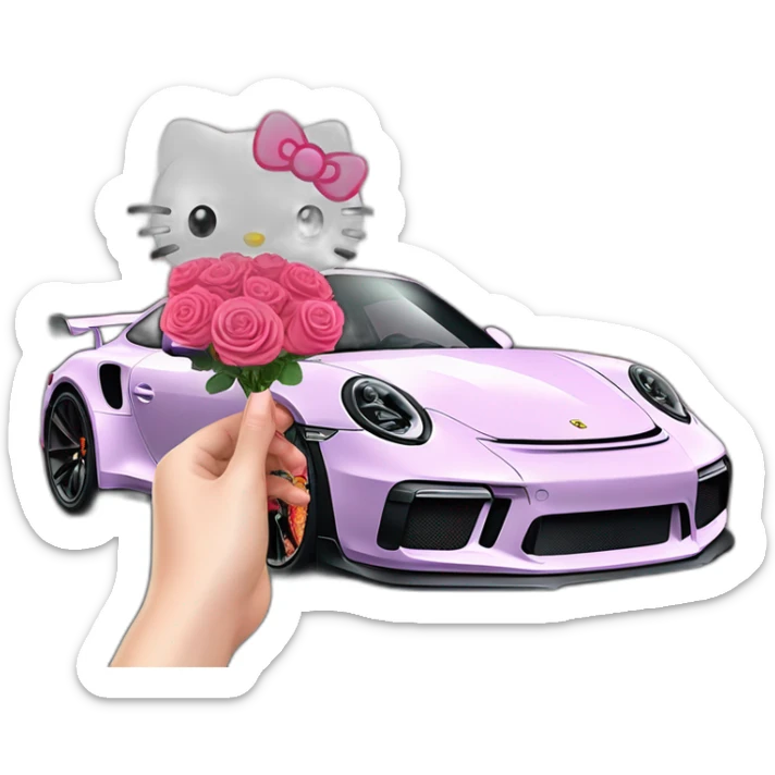 Hello kitty in porsche 911 gt3rs and bouquet of rose red in the hand sticker
