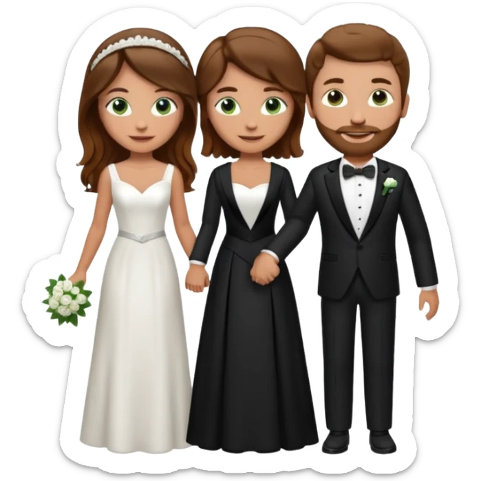 wedding couple woman with long straight brown hair and green eyes man with short light brown curly hair and facial hair with blue eyes sticker