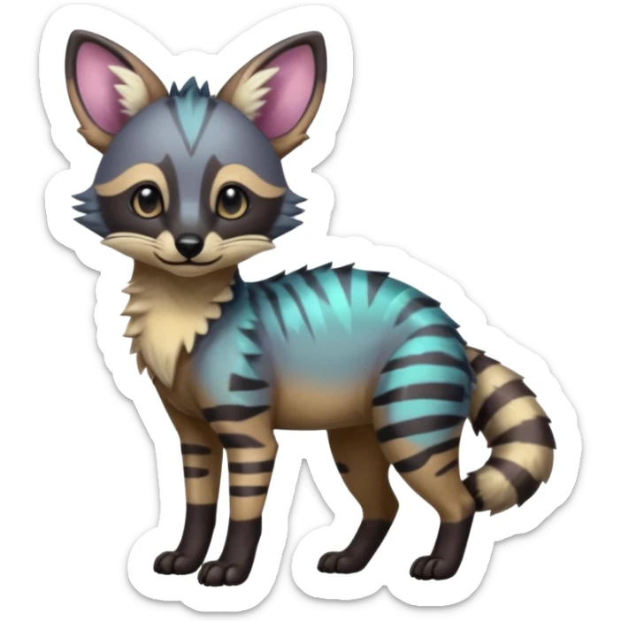 Cute adorable iridescent kawaii Shiny Colorful Dusky Dark Gloomy Glossy Aardwolf-Genet-Bobcat-fusion-animal-hybrid-creature, full body sticker