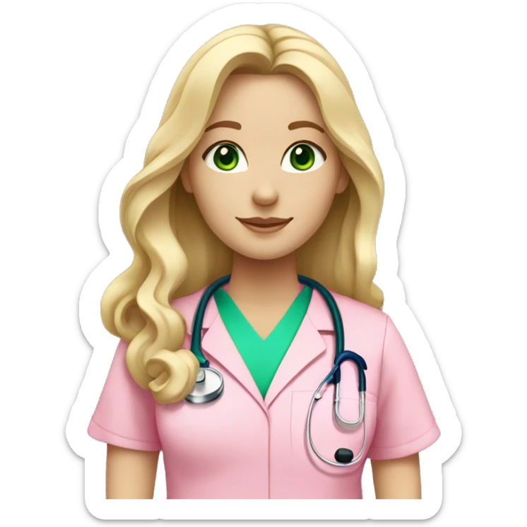 pale blonde girl with long wavy hair and green eyes wearing pink scrubs and stethoscope  sticker