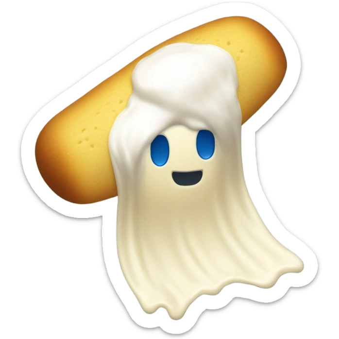 A Twinkie with cream coming out of the bottom and a blue towel, covering the face where you can’t see the face sticker