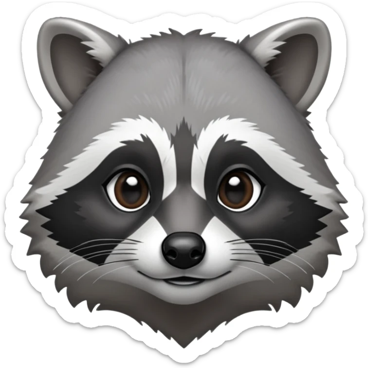 Cinematic-Noble-Raccoon-Portrait-Emoji – Poised and confident, with a sturdy build and a beautifully textured fur of silver-grey accented by dark black facial markings, deep-set, big black eyes, simplified yet sharp and sophisticated zoom out to show shoulders sticker