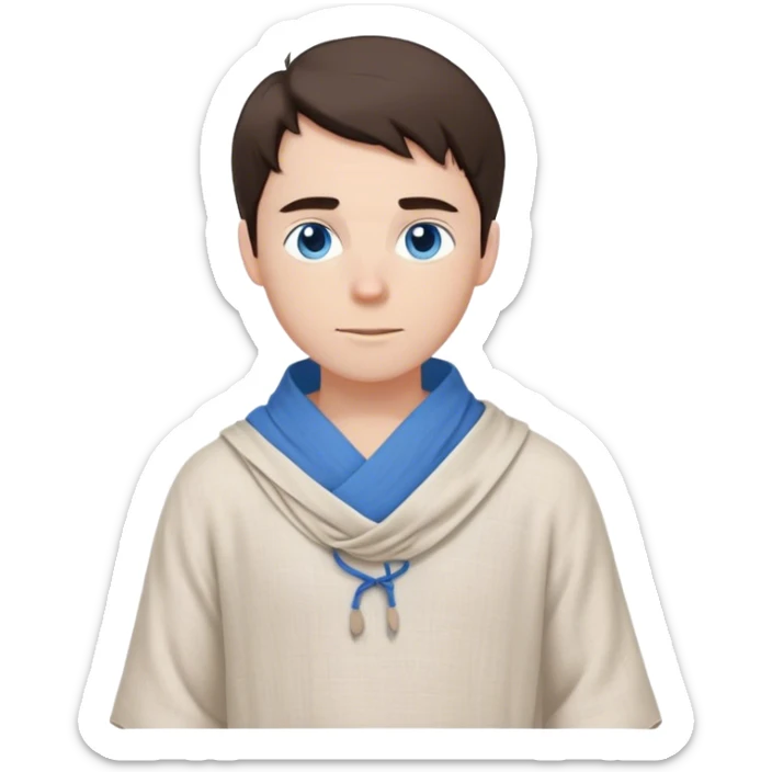 medieval spring outfit worn by a DnD themed fantasy male character. simple linen tunic with a drawstring neckline, paired with a lightweight wool shoulder wrap for mild breezes. clothes only above the waist. The clothes full waist. The character's haven't arms. character is white-skinned, dark brown hair, blue eyes, medium-length straight hair. sticker