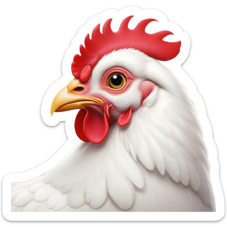 Cinematic Noble White Chicken Portrait Emoji, Poised and regal, with a compact, sturdy build and a pristine, well-groomed pure white plumage, deep-set soulful beady eyes, Simplified yet sharp and sophisticated features, highly detailed, glowing with a soft, dignified glow, high shine, intelligent and alert, stylized with an air of barnyard elegance, focused and attentive, soft glowing outline, capturing the essence of a watchful and confident fowl, so majestic it feels as though it could strut out of the screen with effortless authority! sticker
