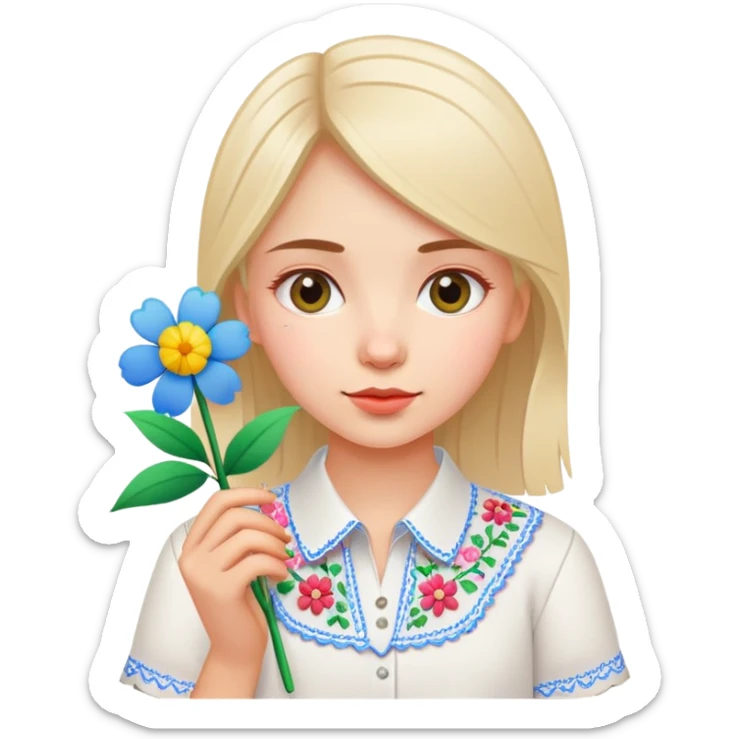 Ukrainian young girl in white embroidered shirt holding colored paper and a flower sticker