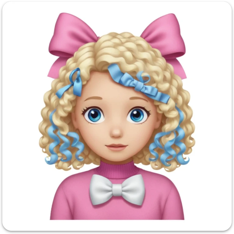 girl with blonde curly hair and blue eyes wearing a pink sweater and white hair bow sticker