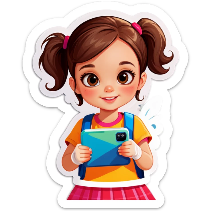 A little girl holding her phone of a picture  sticker