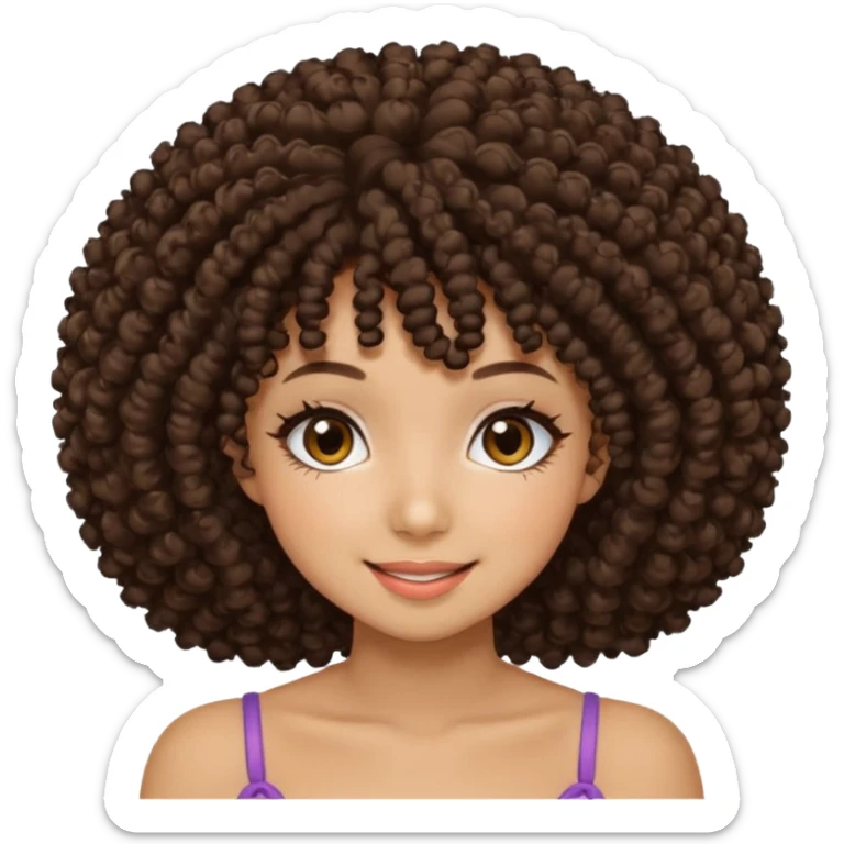 Naturally tan skin girl short darkBrown curly afro hrown eyes gyaru smiling closed mouth cute sticker