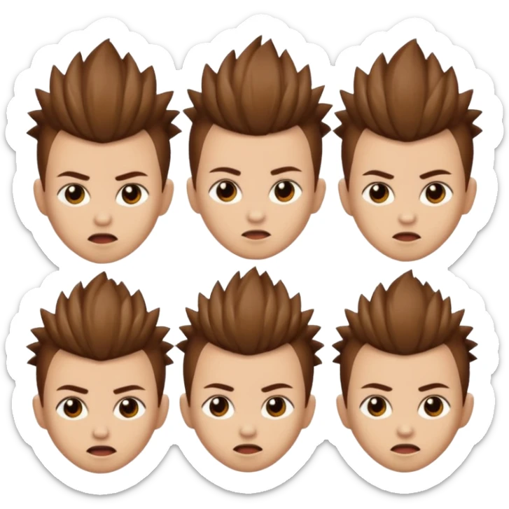 Haz un personaje que tenga cabello marrón con un corte mohicano y que tenga diferentes expresiones  sticker