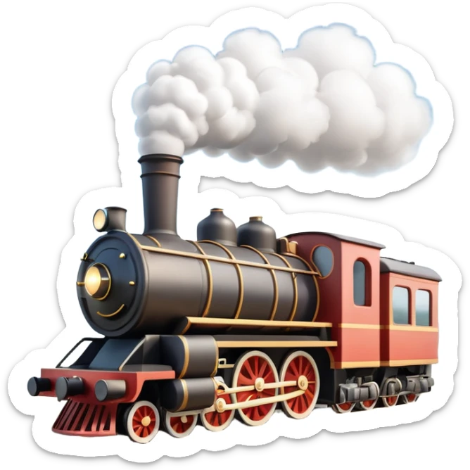 A 3D cartoon steam train puffing clouds of white smoke from its chimney, outdoor scene, warm sunlight, realistic Memoji-style. sticker