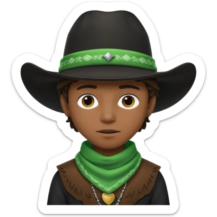 Black boy in black top wearing a black cowboy hat with green bandana around his neck sticker