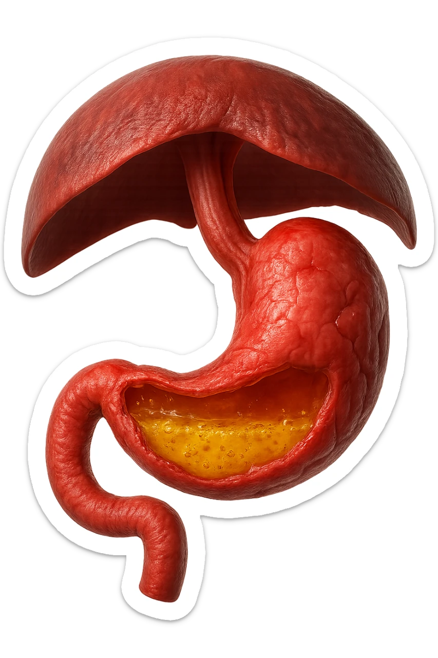 stomaco umano anatomico infiammato con acido giallo all'interno fluttua in aria insieme ad un diaframma umano, iperrealistico 4k, isolato su sfondo bianco sticker