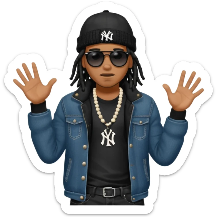 African American man with shoulder length black dreadlocks with black bead wearing black sunglasses with wearing denim skinny jeans wearing black bubble winter coat wearing black New York Yankees baseball hat and  timberland boots with hands out and concerned facial expression sticker