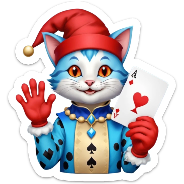 crazy colorful cute little cat jolly joker from poker, medieval, vintage, court jester, mac os icon, blue color, holds a single poker card on the right paw sticker