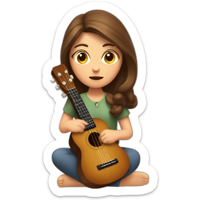 woman with brown hair with ukelele in hand sitting, with a sad look on her face sticker
