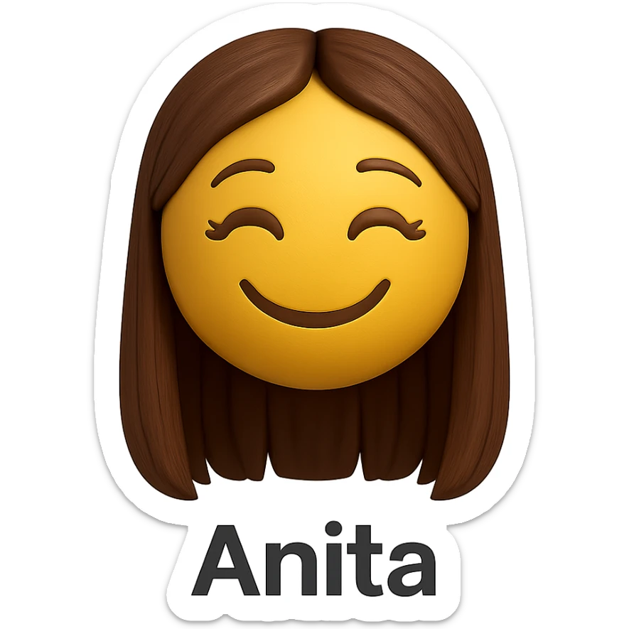 3D smiley emoji, girl style, long hair, smiling face, with the name 'Anita' below in printed letters sticker