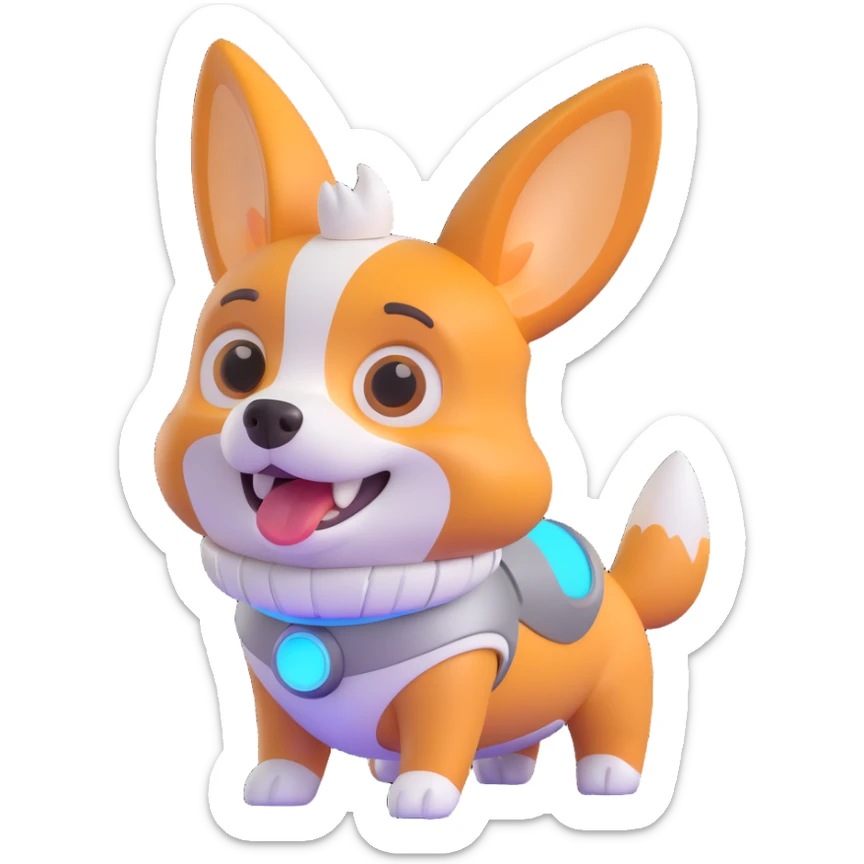 cute dog robot with pointy corgi-like ears, soft rounded body, glowy eyes and joints, friendly futuristic vibe, playful, slightly cartoonish, colorful with glowy accents, highly expressive face and posture, reaction happy sticker