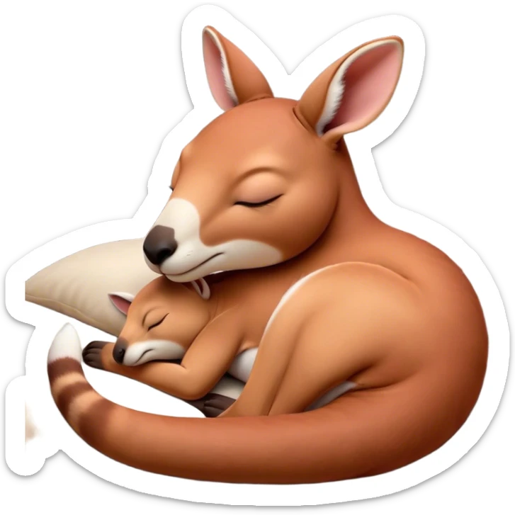 Meme-Worthy Cute Sleeping Adult Red Kangaroo Portrait Emoji, Head resting peacefully with a contented smile, showcasing a solid, reddish form with a characteristic red kangaroo-shaped head featuring a soft, elongated snout and small, relaxed ears, eyes shut in a serene, restful nap, Simplified yet adorably endearing features, highly detailed, glowing with a soft, drowsy outback light, high shine, relaxed and utterly lovable, stylized with an air of playful laziness, soft glowing outline, capturing the essence of a sleeping kangaroo that feels destined to become the next viral icon of adorable rest! sticker