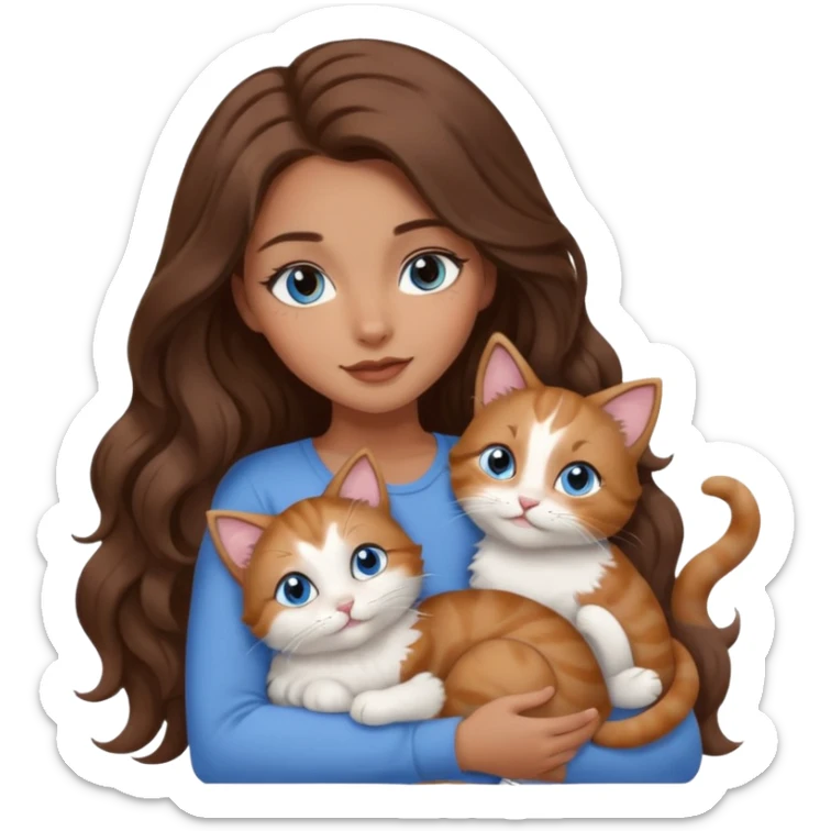 girl with long wavy brown hair, blue eyes, long lashes makeup, cuddling with 6 cute cats sticker