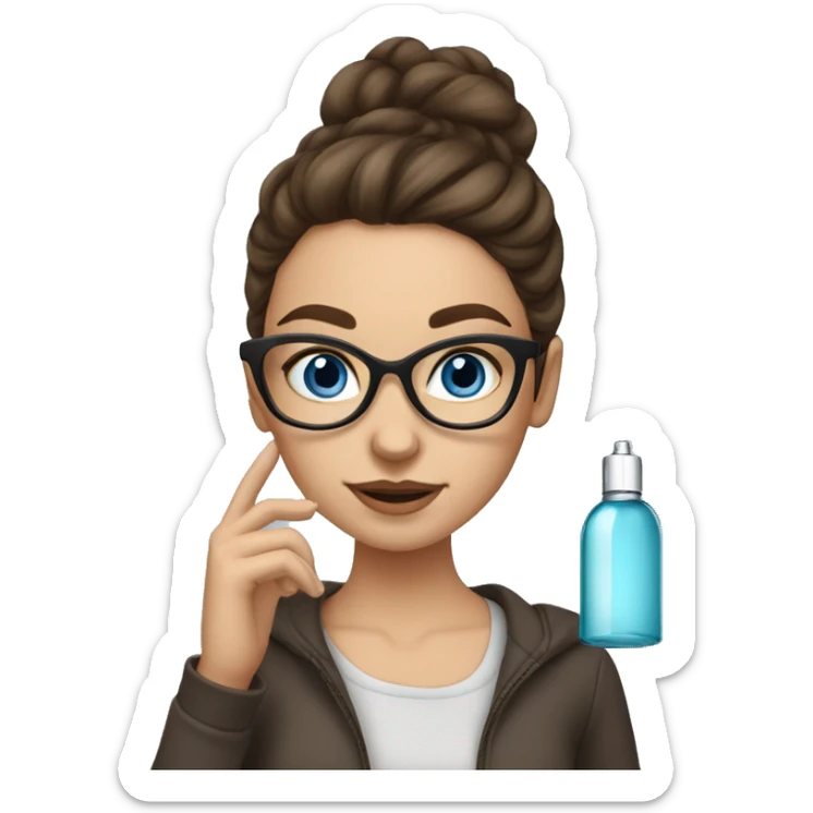 Medium length brown haired girl with blue eyes wearing glasses. Girl is spraying perfume sticker