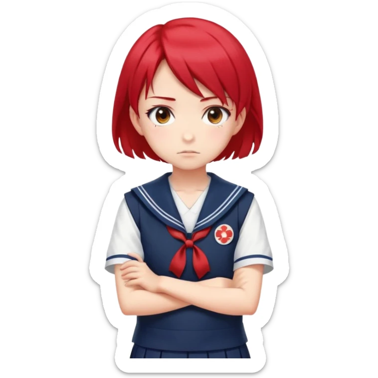 Serious anime girl with short bright red hair wearing Japanese sailor style school uniform, stern expression with arms crossed, focused and determined look sticker