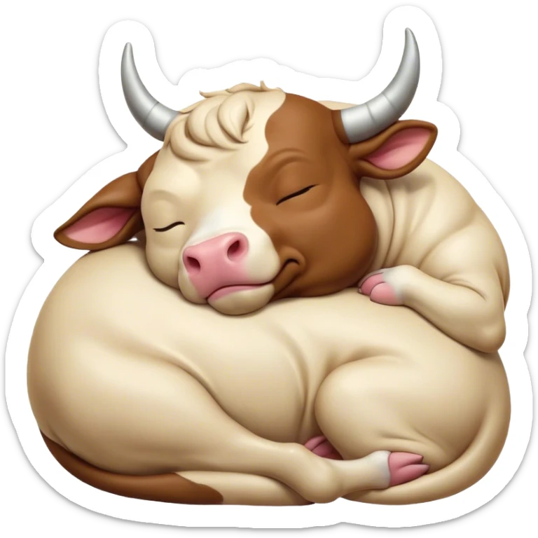 Meme-Worthy Cute Sleeping Domestic Bull Portrait Emoji, Head resting peacefully with a contented smile, showcasing a robust, muscular build and a luxuriously soft coat, eyes gently closed in serene, restful slumber, Simplified yet hilariously adorable features, highly detailed, glowing with a soft, drowsy natural light, high shine, relaxed and utterly lovable, stylized with an air of playful laziness, soft glowing outline, capturing the essence of a sleeping domestic bull that feels destined to become the next viral sensation of adorable rest! sticker