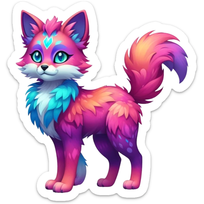Vibrant multicolored neon-colored Falvie-Fionbri-creature-sparkle-feline-canine-hybrid-fursona, full body, fur pattern-markings sticker