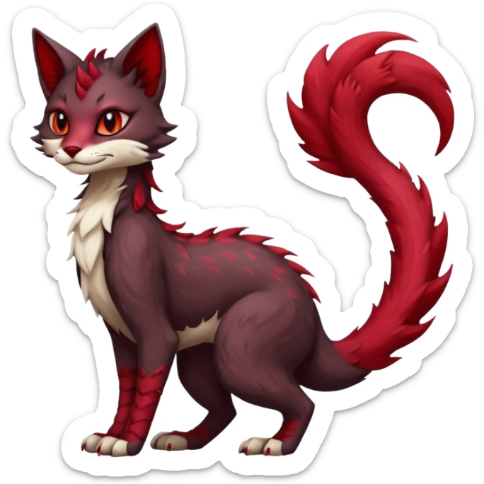 Kawaii dark-brown and crimson-red beautiful pretty elegant divine edgy fantasy feline-vernid-sergal-fursona animal creature with a tufted tail full body with intricate markings  sticker