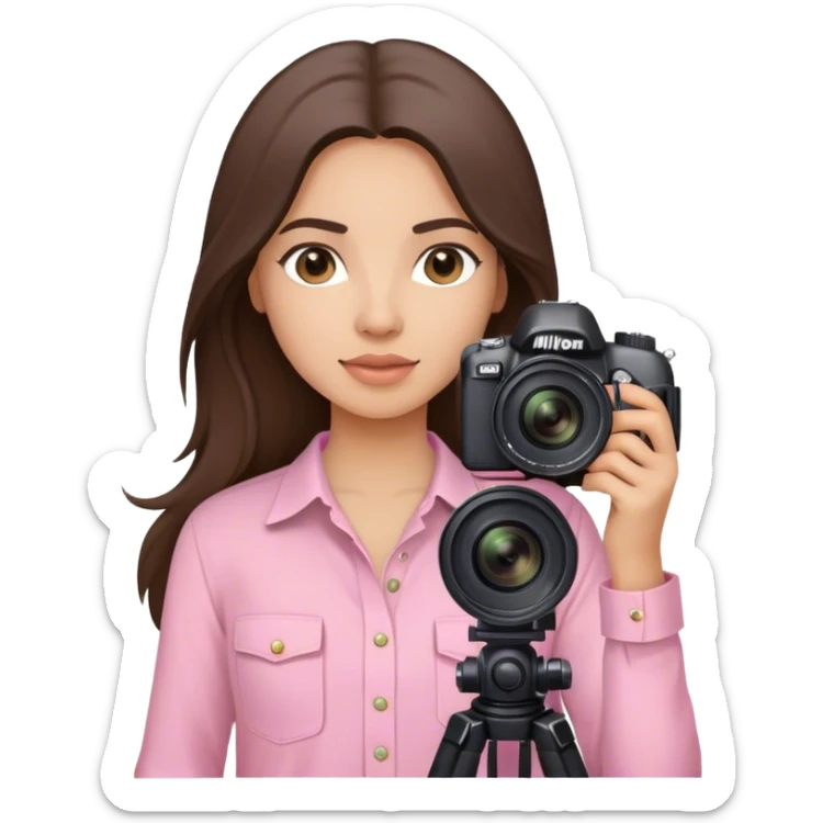 latin girl photographer with long brunette hair light pink shirt and nikon camera sticker