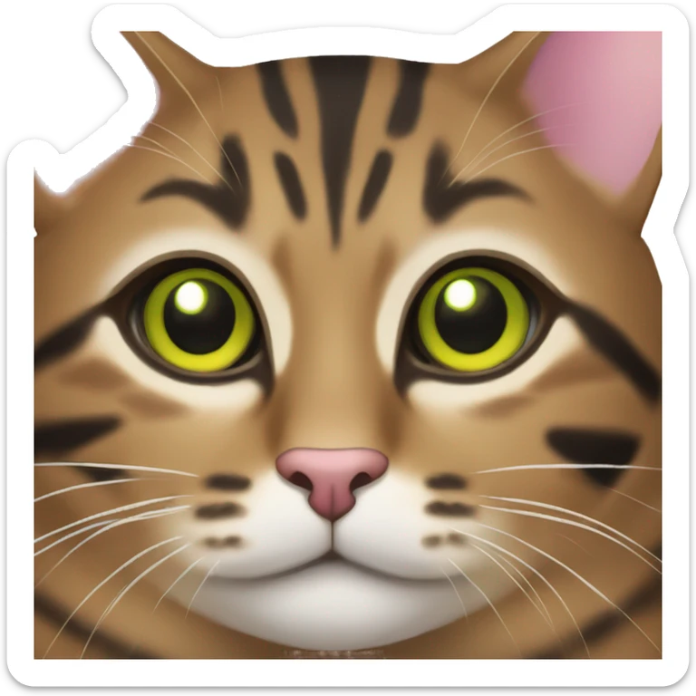brown tabby cat with black stripes and yellow-green eyes and pink nose and white mouth sticker