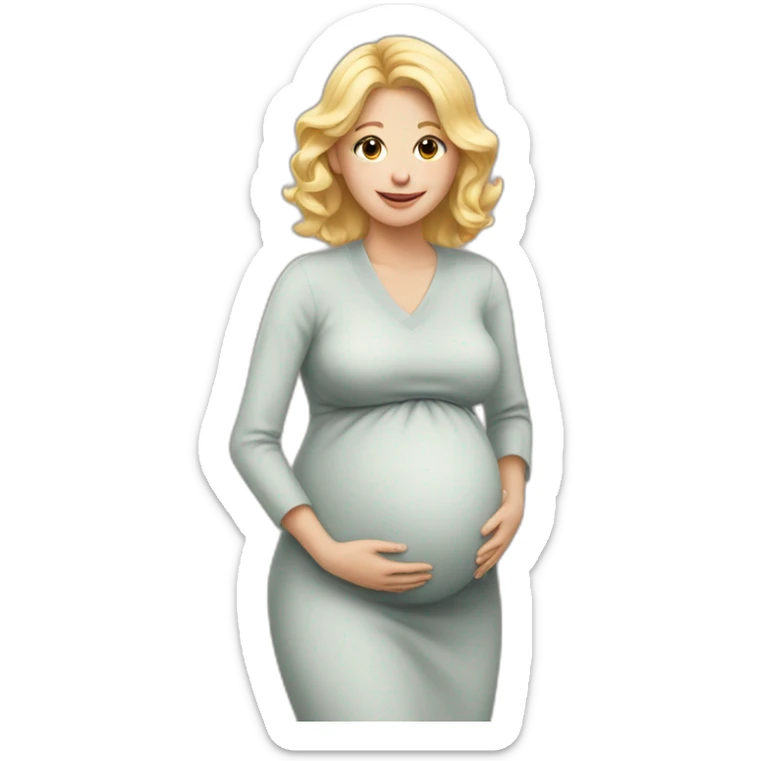 A Woman with blond Hair is pregnant and has birthday sticker