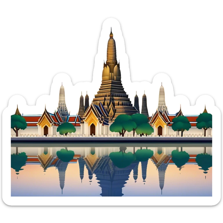 Cinematic Realistic Wat Arun Landmark Emoji, depicted with majestic temple spires illuminated against twilight rendered with intricate detail and soft, ethereal lighting. sticker