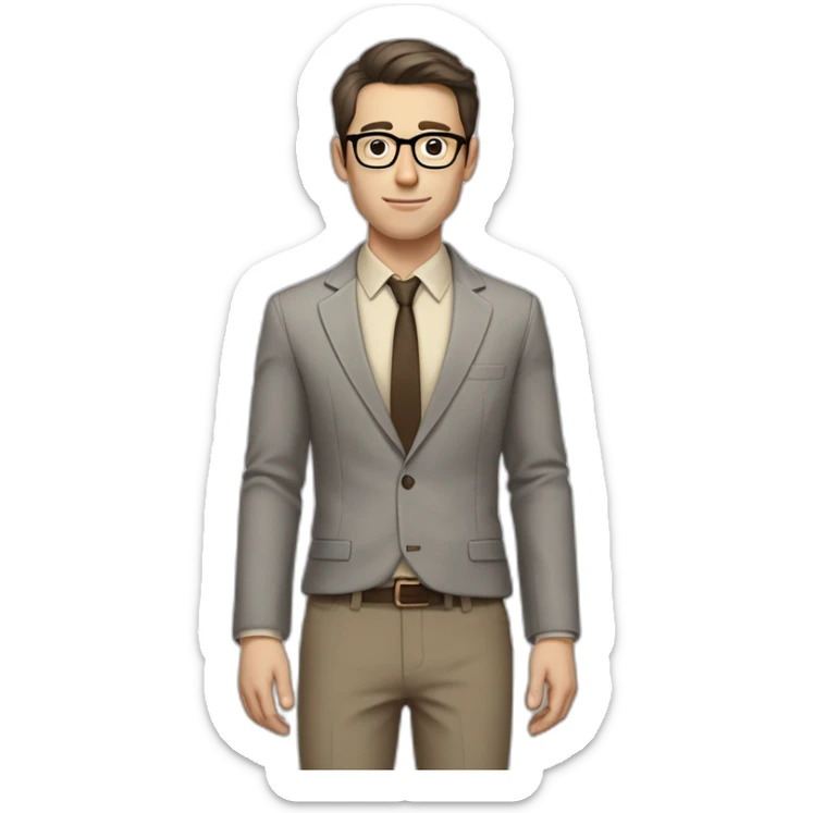 Full height Pale skinned fit man with dark brown hair in gray jacket, beige office shirt, brown tie, brown pants and vintage glasses. His right hand stretched out sticker