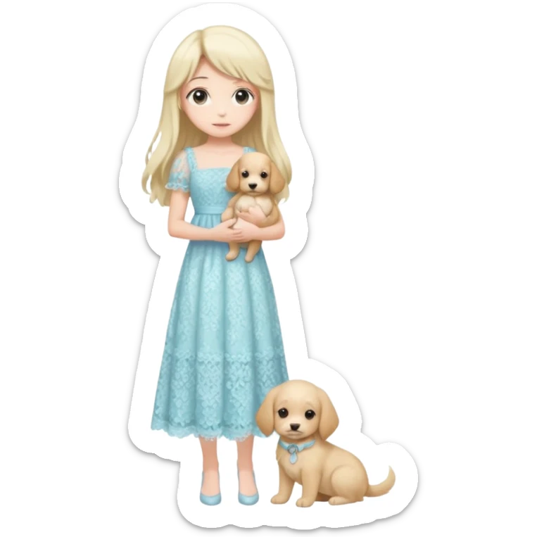 Pastel anime lady long hair with long lace dress full body holding puppy sticker