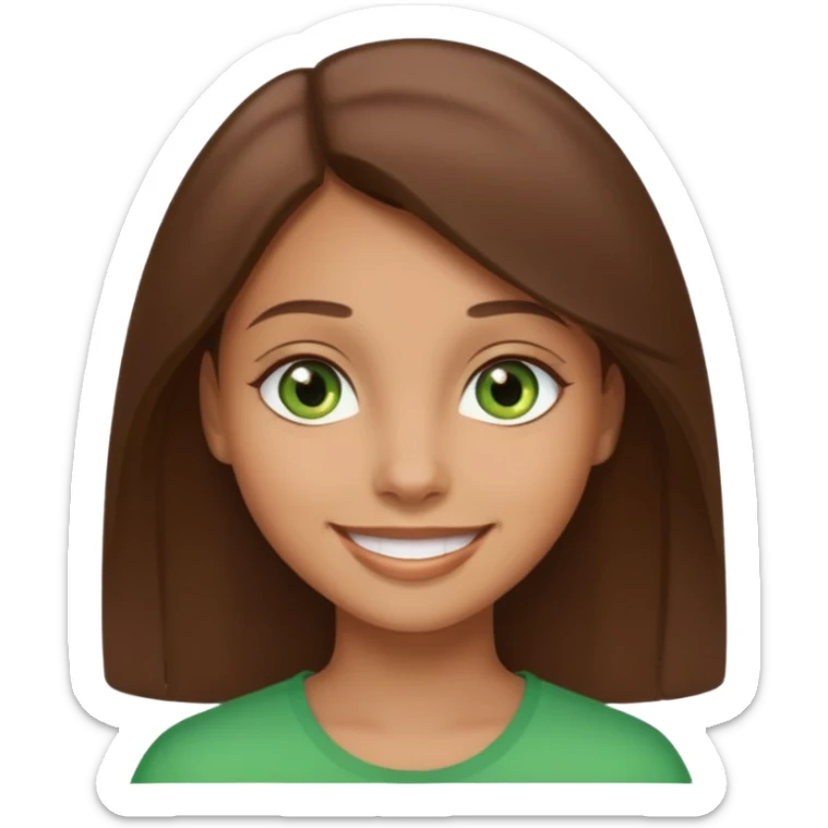 Tan girl emoji with straight brown hair and green eyes sticker