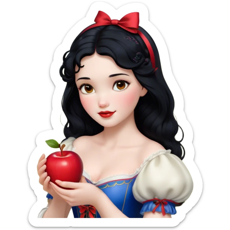 Cinematic Realistic Snow White Portrait, depicted with lifelike skin texture, soft natural lighting, and intricately detailed black hair styled with a red ribbon. Her soft brown eyes radiate innocence and kindness, complemented by a warm, gentle smile. She holds an apple in one hand, her other hand resting against her cheek, embodying her purity and charm. She is dressed in her classic yellow, blue, and red gown, the fabric rich in texture with delicate folds that catch the light beautifully. The portrait features a soft, natural glow with a radiant finish, capturing the essence of timeless beauty in a realistic and painterly style. sticker
