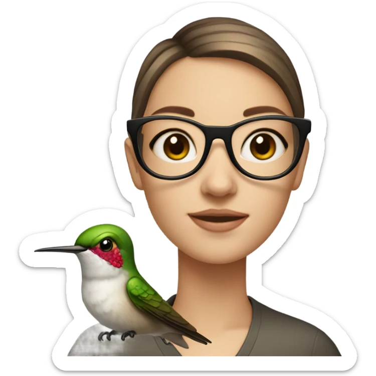Girl pale , brunette, with short hair, wearing glasses with a hummingbird next to her sticker
